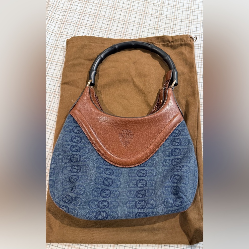 Gucci Hysteria Crest hobo bagdenim brown leather trim signature bamboo handle